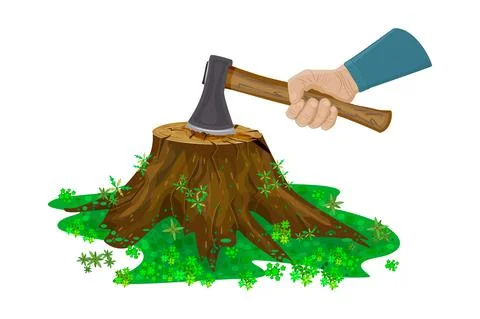 Tree stump and hand with axe isolated on white background. Stock Illustration