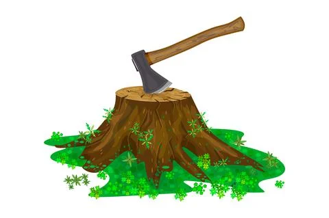Tree stump with axe isolated on white background. Hatchet stuck in stub. Stock Illustration