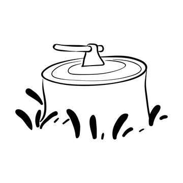 A tree stump with an axe line art Stock Illustration