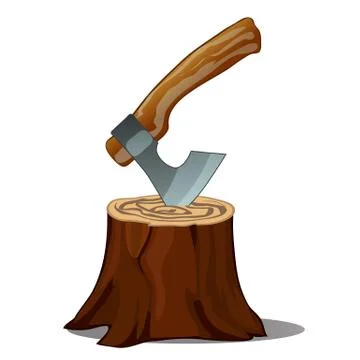 A tree stump with an axe stuck isolated on white background. Vector cartoon Stock Illustration
