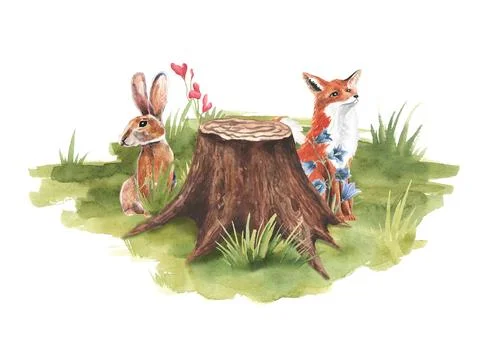 Tree stump with fox and rabbit, background. Watercolor illustration. Forest Illustrazione stock