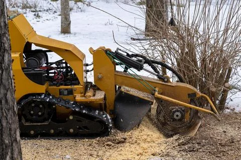 Tree stump removing process with yellow stump grinder Stock Photos