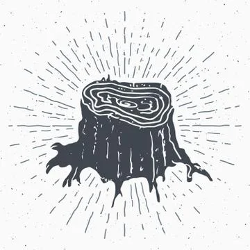 Tree stump vintage label, Hand drawn sketch, grunge textured retro badge, typ Illustrazione stock