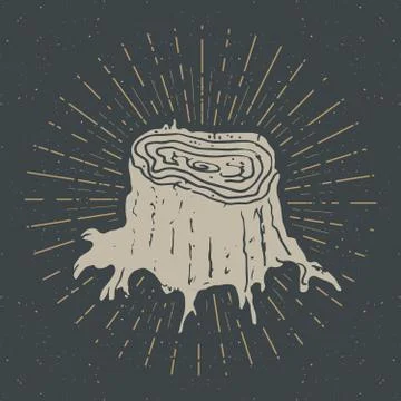Tree stump vintage label, Hand drawn sketch, grunge textured retro badge, typ Stock Illustration
