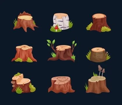 Tree stump. Wood cartoon textures. Birch log cuts. Forest element. Nature m.. Stock Illustration