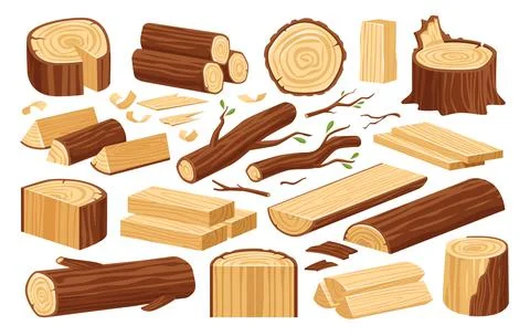 Tree stump, wooden logs and timber materials. Natural lumber, carpentry Stock Illustration