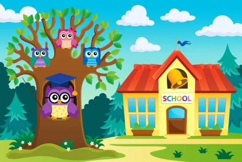 Tree with stylized school owl theme Illustrazione stock