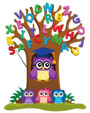 Tree with stylized school owl theme Illustrazione stock