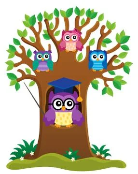 Tree with stylized school owl theme Illustrazione stock