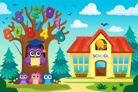 Tree with stylized school owl theme Illustrazione stock