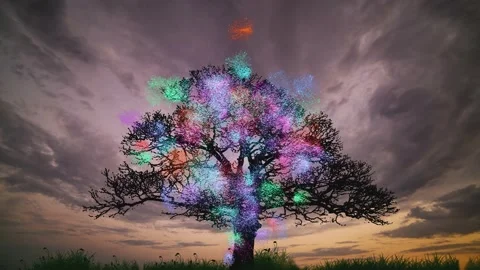Tree at sunset with bright fireworks effect Video stock 159169246