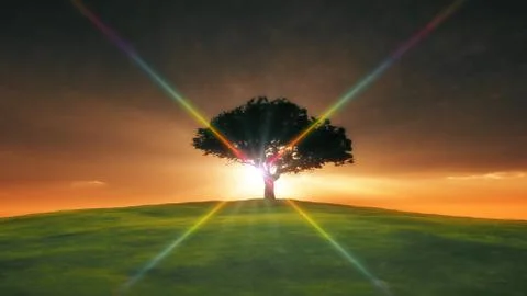 Tree sunset in field Illustrazione stock