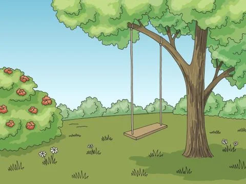 Tree swing graphic color forest glade landscape sketch illustration vector Stock Illustration