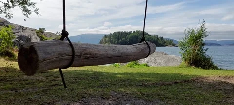 Tree swing in an idyllic beach fronting a small island 库存影片 157369204
