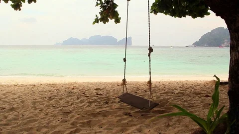 Tree With Swing Over Exotic Beach, Frontal Dolly camera Видео 80274633
