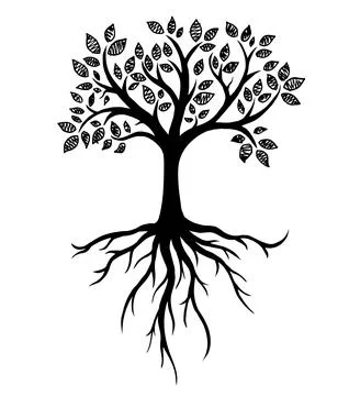 Tree Symbol with Roots, Real Hand Drawing, Vector Illustration Stock Illustration