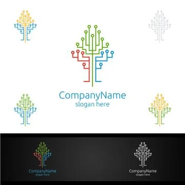 Tree Technology Logo with Wires it and electronic cable, Connection Pixel Mob Illustrazione stock