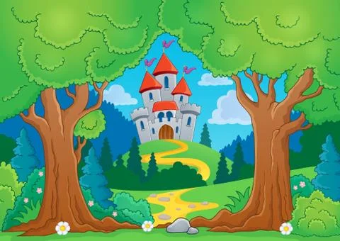 Tree theme with castle - illustration. Illustrazione stock