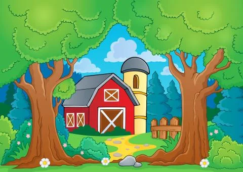 Tree theme with farm - illustration. Stock Illustration