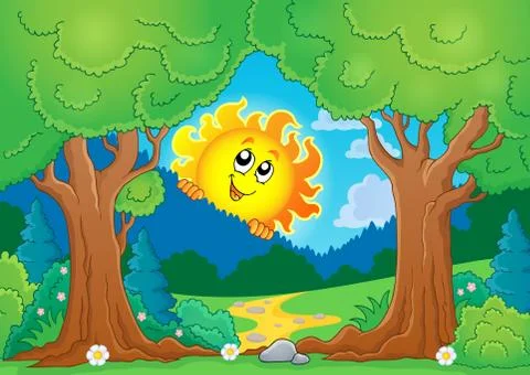 Tree theme with sun - illustration. Stock Illustration