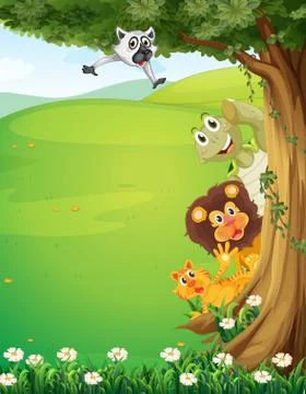 A tree at the top of the hills with animals hiding Stock Illustration