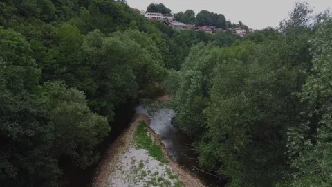 Tree-Top Level Flight Above River Waterway Toward Distant Urban Houses Stock Footage 320101392