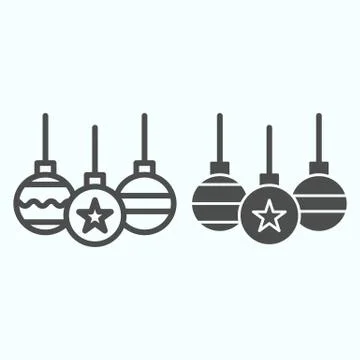 Tree toys line and solid icon. Decoration glass balls with wave and star Stock Illustration