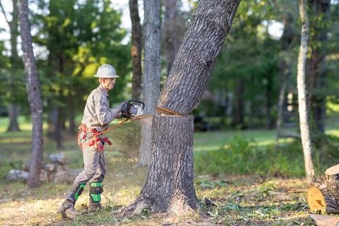 Tree trimmer using chainsaw and gear to cut down large oak tree. Stock Photos
