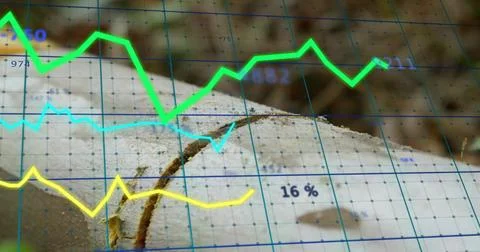 Tree trunk cross-section featuring growth rings and crack in forest, with blue Stockfoto's