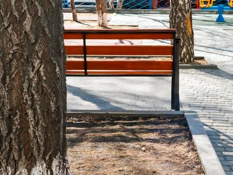 Tree Trunk, Empty Bench at the Paved Kids Playground Area in the Park on a Sp Stock Photos