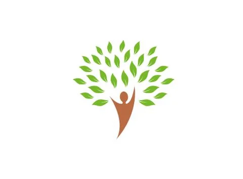 Tree trunk with head and green leaves logo design Stock Illustration