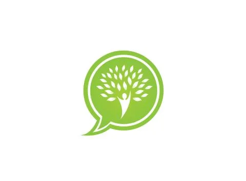 Tree trunk with head and green leaves logo design illustration in chat icon Stock Illustration