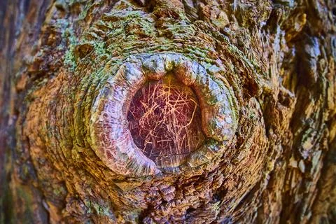 Tree Trunk Knot Texture Close-Up in Natural Light Stock-Fotos