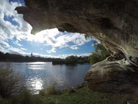 Tree trunk next to a river Stock Photos