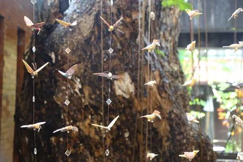 In the tree trunk, there is an installation art of many crystal hummingbird.. 스톡 사진
