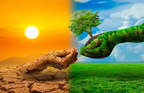Tree in two hands  with very different environments Earth Day or World Enviro Stock Photos