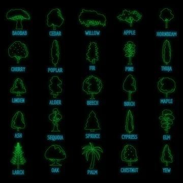 Tree types icons set vector neon Stock Illustration