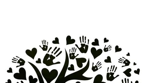 Tree whose leaves are depicted in the form of palms and hearts. Stock Illustration