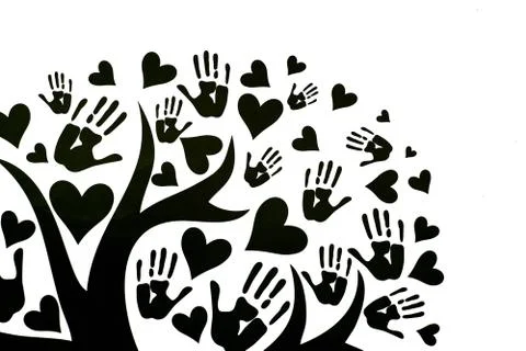 Tree whose leaves are depicted in the form of palms and hearts. Stock Illustration