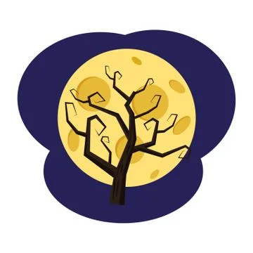 A tree without leaves against the background of the full moon, holiday Halloween Stock Illustration