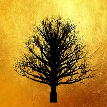 Tree without leaves silhouette isolated on shiny golden background. Stock Illustration