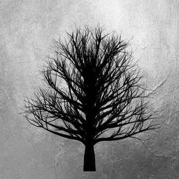 Tree without leaves silhouette isolated on shiny silver background. Stock Illustration