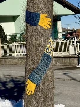 Tree Wrapped with Yarn and Pom-Pom Decorations. Stock Photos