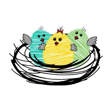 Tree Yellow green blue scribble Vector Easter eggs or chickens are in the nes Stock Illustration