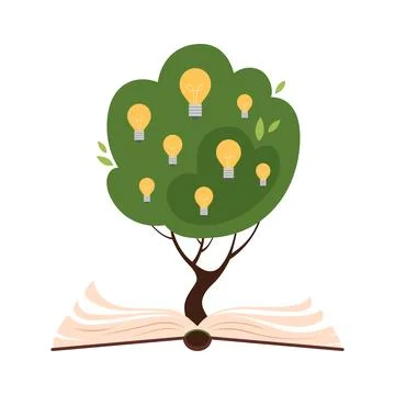 Tree with yellow light bulbs growing from open book, creative ideas and 스톡 일러스트
