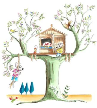 Treehouse with mice Stock Illustration