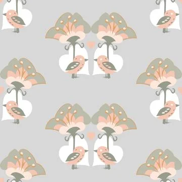 Trees And Birds Pattern In Pink And Grey Stock Illustration