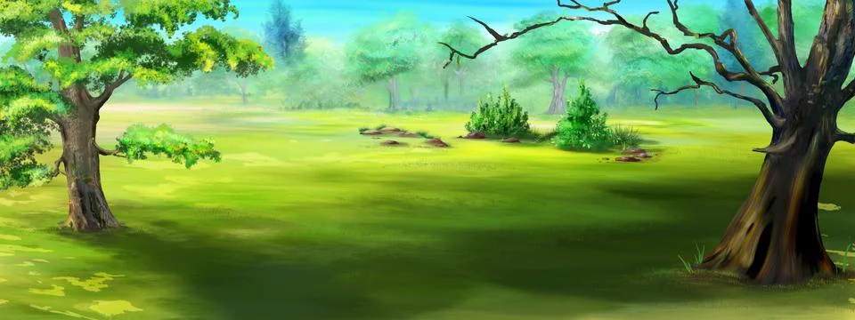 Trees and bush in the forest clearing Stock Illustration