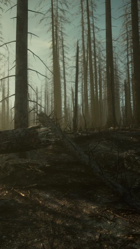 Trees and fallen logs in a forest after a fire near midday Stock Footage 342945776