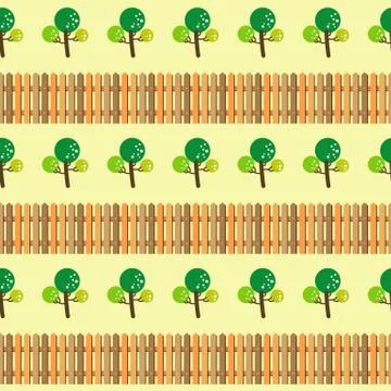 Trees and fence seamless pattern Stock Illustration